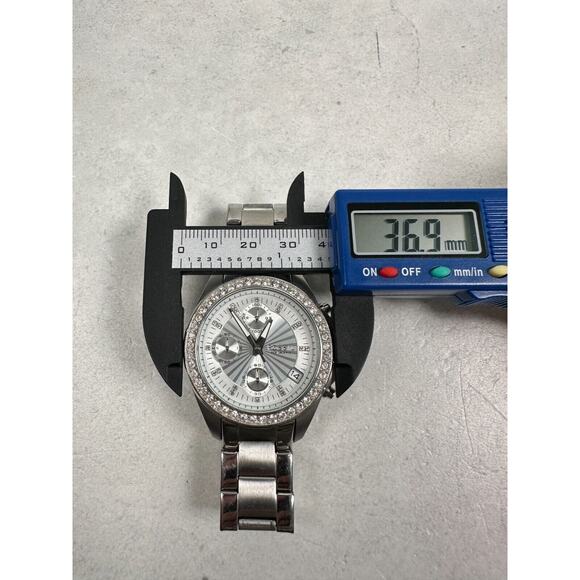 Fossil Watch Womens 37mm Pave Bezel Decker Chrono Date Silver Tone New Battery - Picture 10 of 11